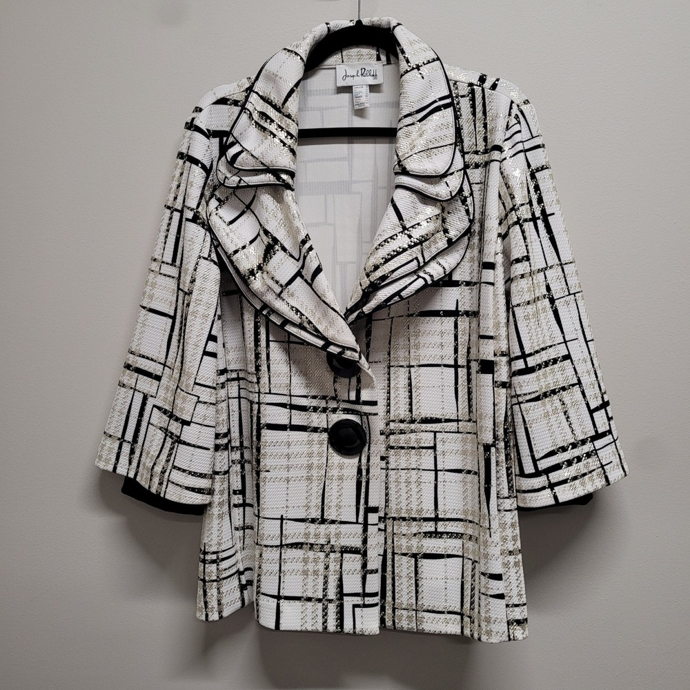 Joseph Ribkoff Gold Metallic Grid Swing Jacket Tiered Collar Black White Size 10